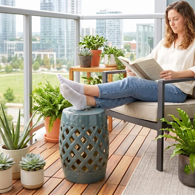 Outsunny 12.5" x 18" Ceramic Garden Stool with Woven Lattice Design & Glazed Strong Materials Decorative Outdoor Stool, Green