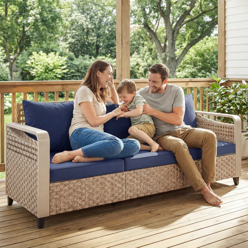 Outsunny Rattan Wicker Sofa 3-Seater Outdoor Patio Sofa with Cushions for Garden Backyard Porch Dark Blue