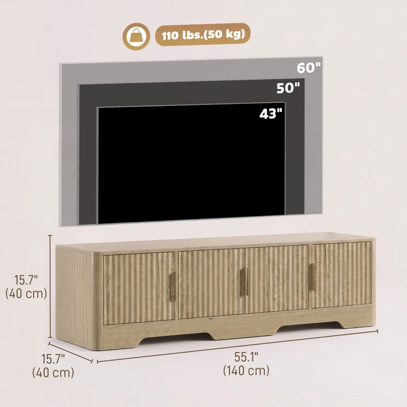 HOMCOM TV Stand for TVs up to 60", Modern Entertainment Center with Fluted Doors for Living Room, Oak