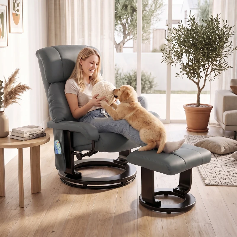 HOMCOM Massage Recliner Chair with Ottoman, 360° Swivel Recliner and Footstool, 10-Point Vibration, Gray