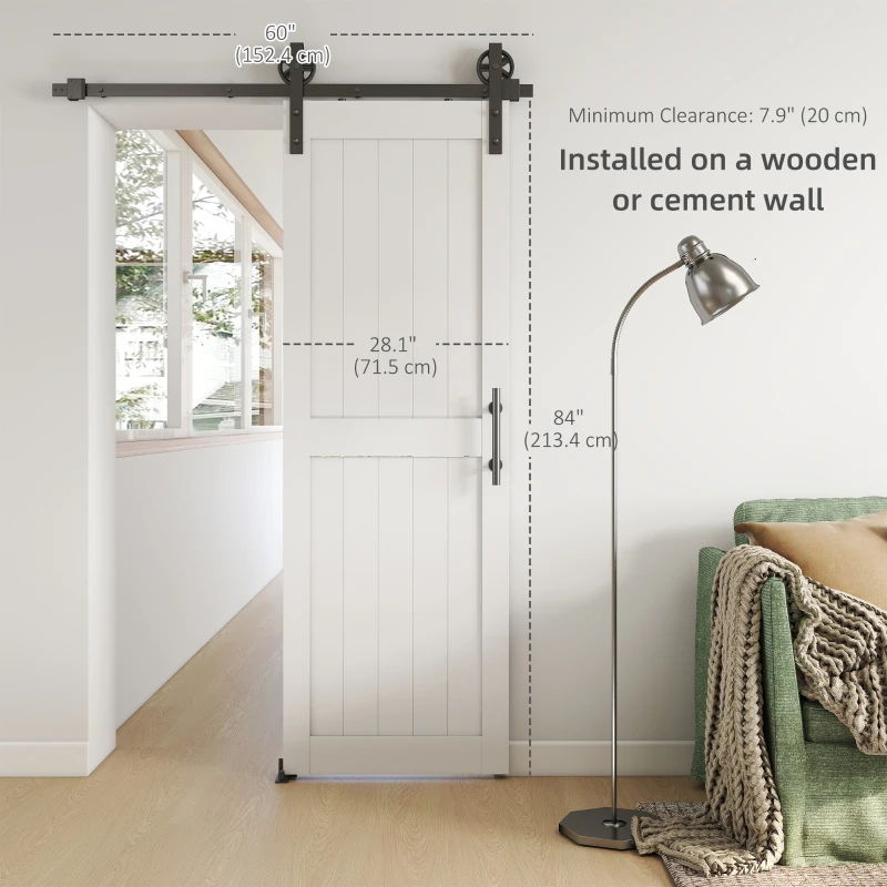 HOMCOM 28inx84in Barn Door with 5FT Sliding Door Hardware Kit, Handle, Upgraded Rollers and Floor Guide, Waterproof, White