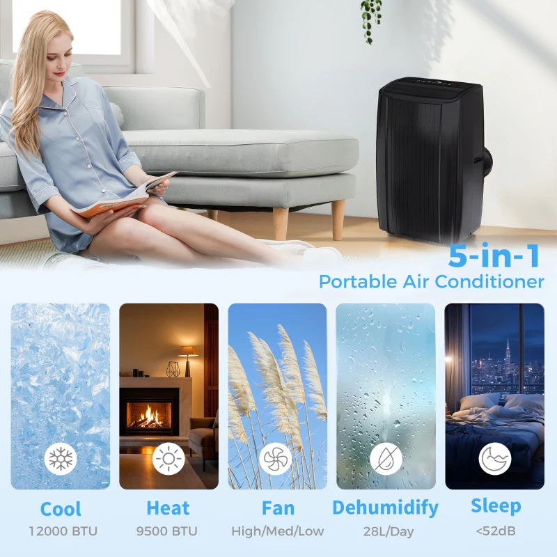HOMCOM 12000 BTU 5-in-1 Portable Air Conditioner with Cool, Heat, Dehumidifier, Fan, Sleep, WiFi Voice Control, Black