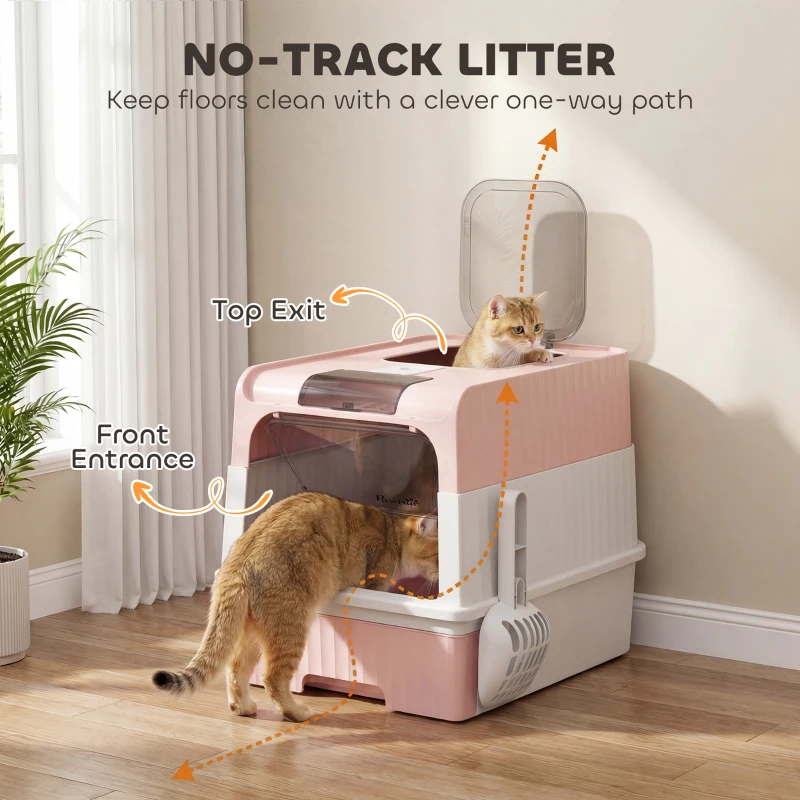 PawHut Cat Litter Box Hooded Cat Litter Tray with Drawer Pan Front Entry & Top Exit Easy Cleaning Pink