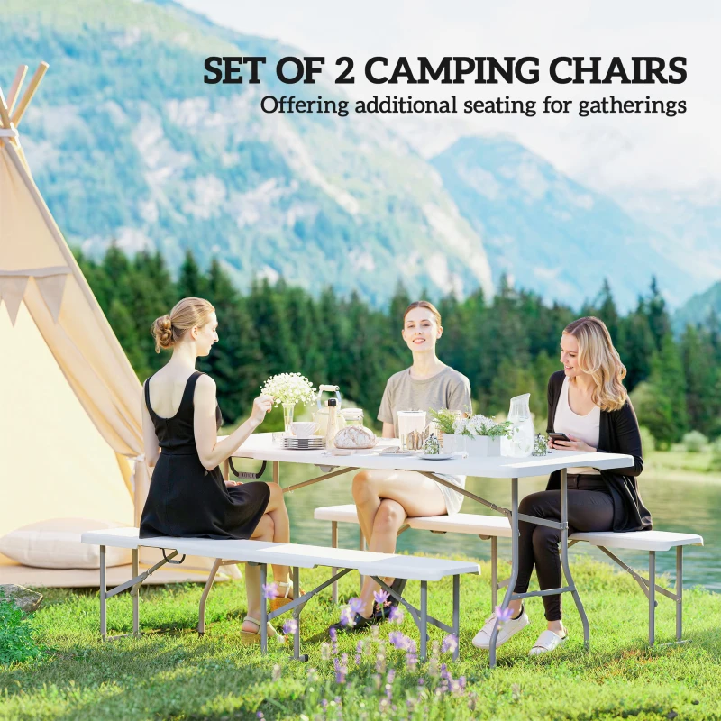 Outsunny 2 Pack 6 ft Portable Foldable Bench Seats, Plastic Folding Benches with Carrying Handle for Camping, White