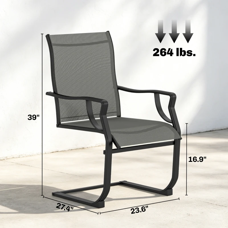 Outsunny C Spring Patio Dining Chairs Set of 2 with High Backrest, Armrest, Breathable Fabric & Metal Frame, 256LBS, Light Gray