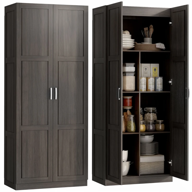 HOMCOM Farmhouse Pantry Cabinet, 71" Tall Kitchen Pantry Storage Cabinet with Soft-Close Hinges, Adjustable Shelves, Espresso