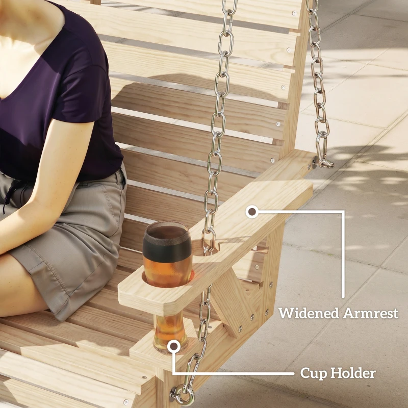 Outsunny 3-Seater Swing Bench, Wooden Porch Swing with Cupholders, Hanging Chains for Patio Garden, Nature Wood