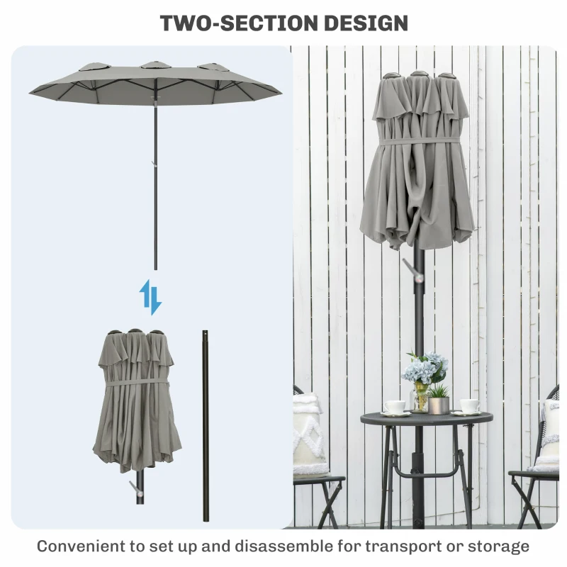 Outsunny Double Sided Patio Umbrella, 9.7' Large Outdoor Market Umbrella with Push Button Tilt and Crank, 3 Air Vents and 12 Ribs, for Garden, Deck, Pool, Gray(m-8)