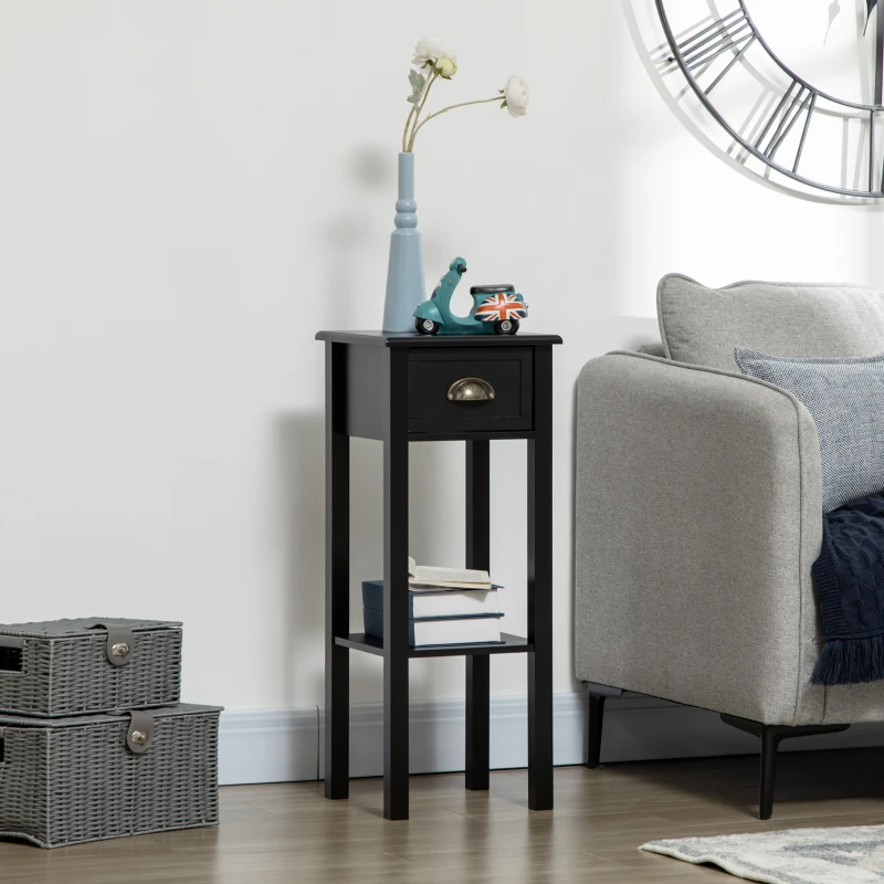HOMCOM 2-Tier Nightstand, Side Table with Drawer and Shelf for Living Room or Bedroom, Set of 2, Black
