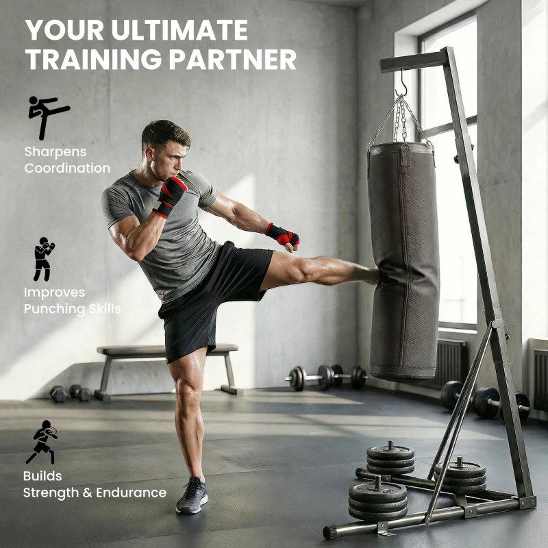 Soozier Punching Bag with Stand for Adults, 72.8"-90.9" Height Adjustable Freestanding Boxing Stand with Canvas Sandbag, Black
