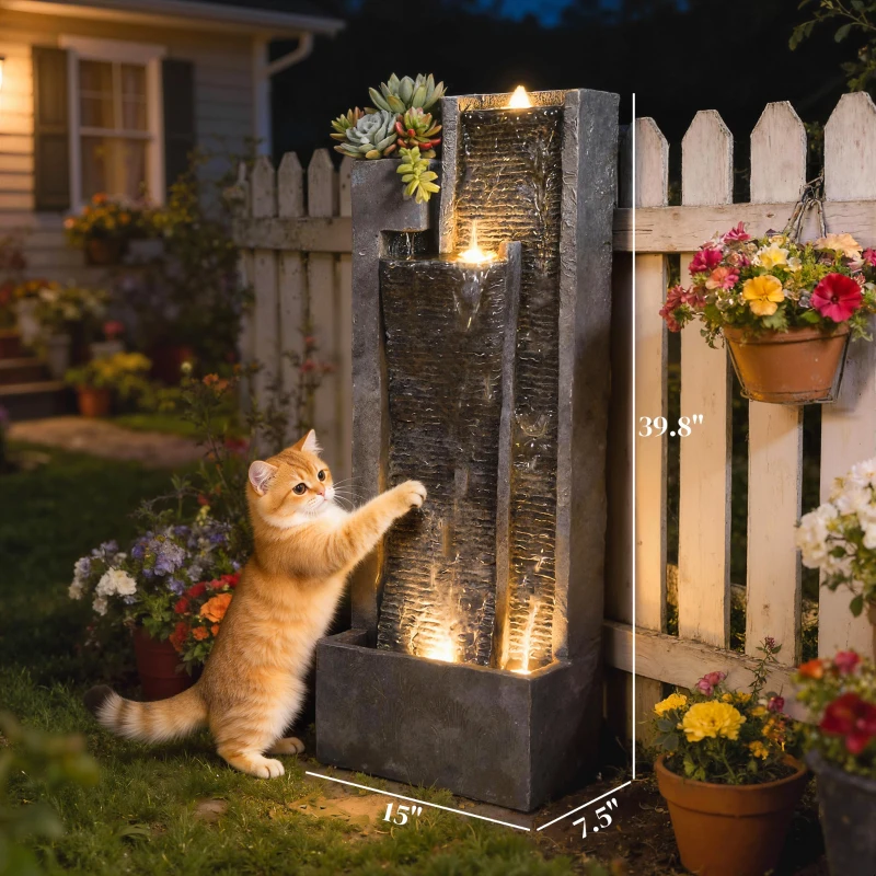 Outsunny 40" Tall Outdoor Waterfall Fountain with LED Lights and Planter, 3-Tier Cascading Waterfall Feature with Pump, Dark Gray
