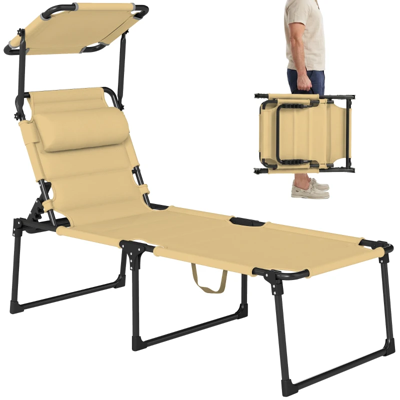 Outsunny Outdoor Lounge Chair, 4 Position Adjustable Backrest, Folding, Cushioned w/ Sun Shade Roof & Pillow, Cream White