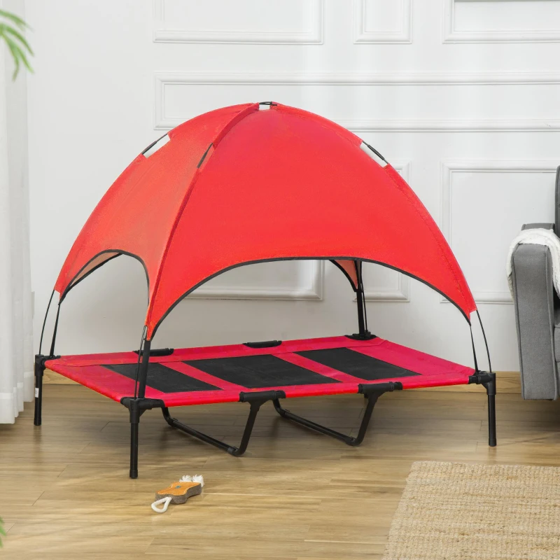 PawHut 48" x 36" Elevated Portable Dog Cot Cooling Pet Bed with UV Protection Canopy Shade, Red