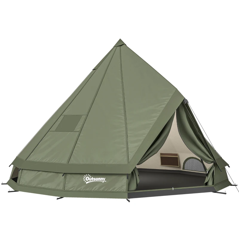 Outsunny Teepee Tent Waterproof Camping Tent with Stove Jack for 4-6 People for Outdoor Camping Hiking Army Green