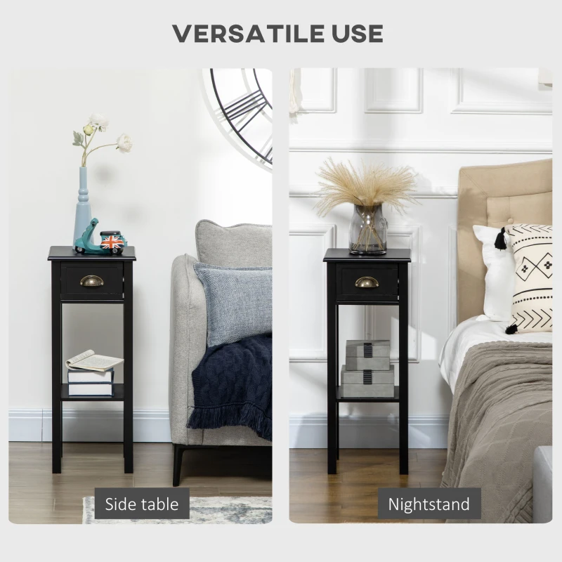 HOMCOM 2-Tier Nightstand, Side Table with Drawer and Shelf for Living Room or Bedroom, Set of 2, Black