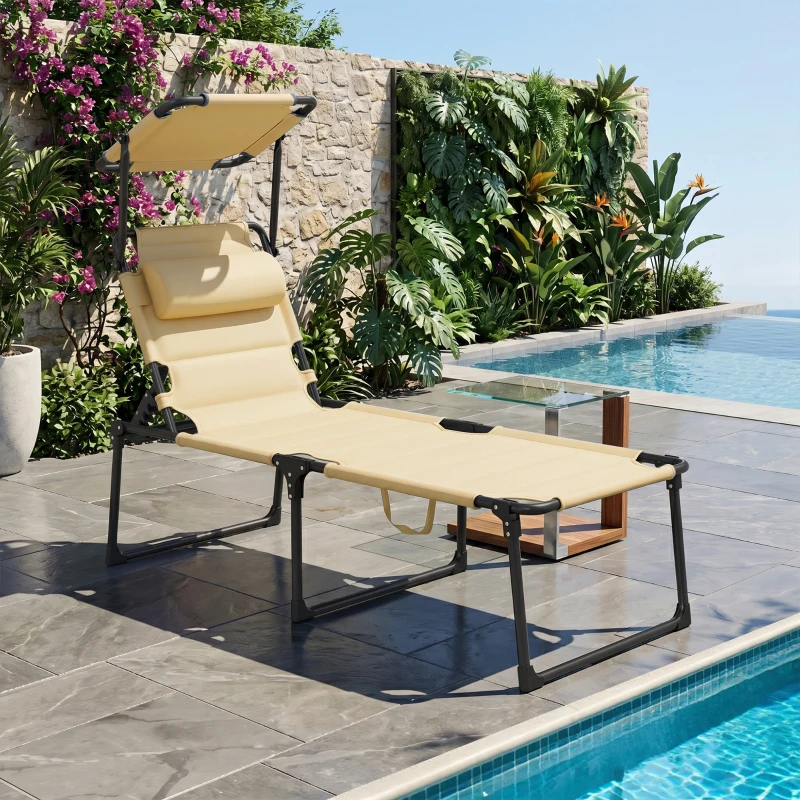 Outsunny Outdoor Lounge Chair, 4 Position Adjustable Backrest, Folding, Cushioned w/ Sun Shade Roof & Pillow, Cream White