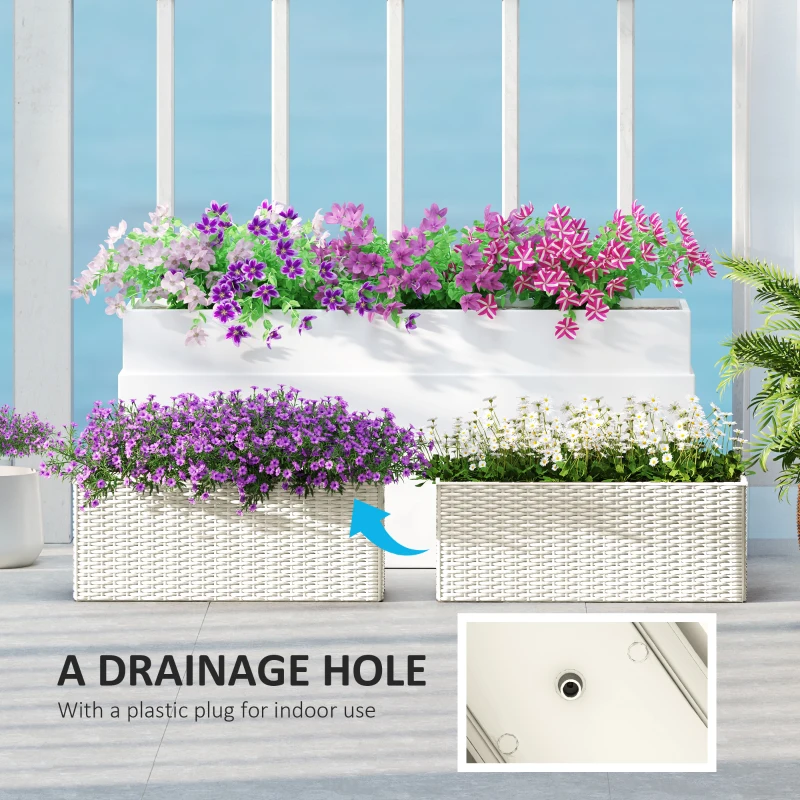 Outsunny 2 Pack 20 Inch Hanging Flower Pots, Railing Planter Box for Fence, Garden, Rattan Look, White