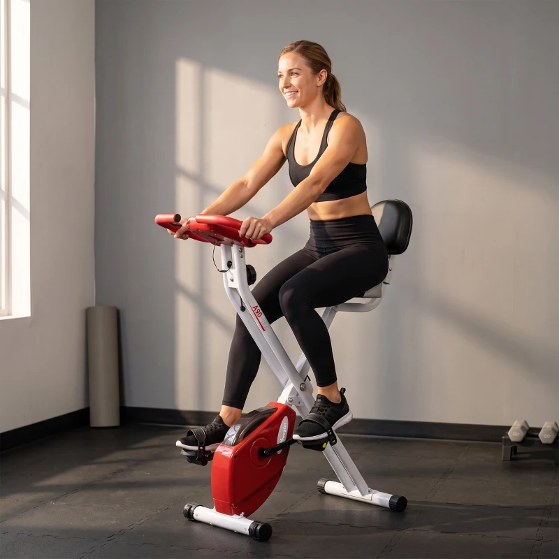 Soozier Foldable Indoor Stationary Bike with 8 Levels of Magnetic Resistance, Exercise Bike for Cardio Workout, Red