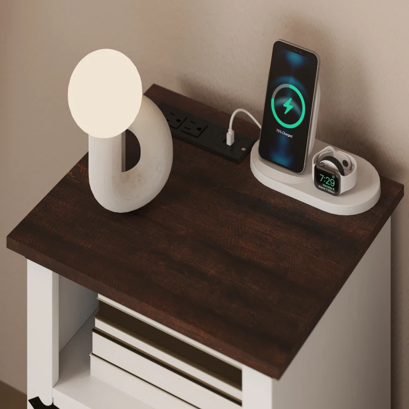 HOMCOM Set of 2 Side Tables, Night Stands with Charging Outlets, White