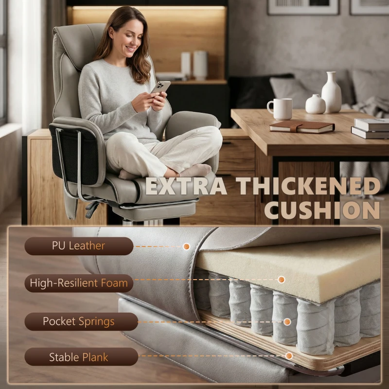 HOMCOM Massage Office Chair with 6 Points Vibration, Executive Desk Chair with High Back, PU Leather, Footrest, Gray