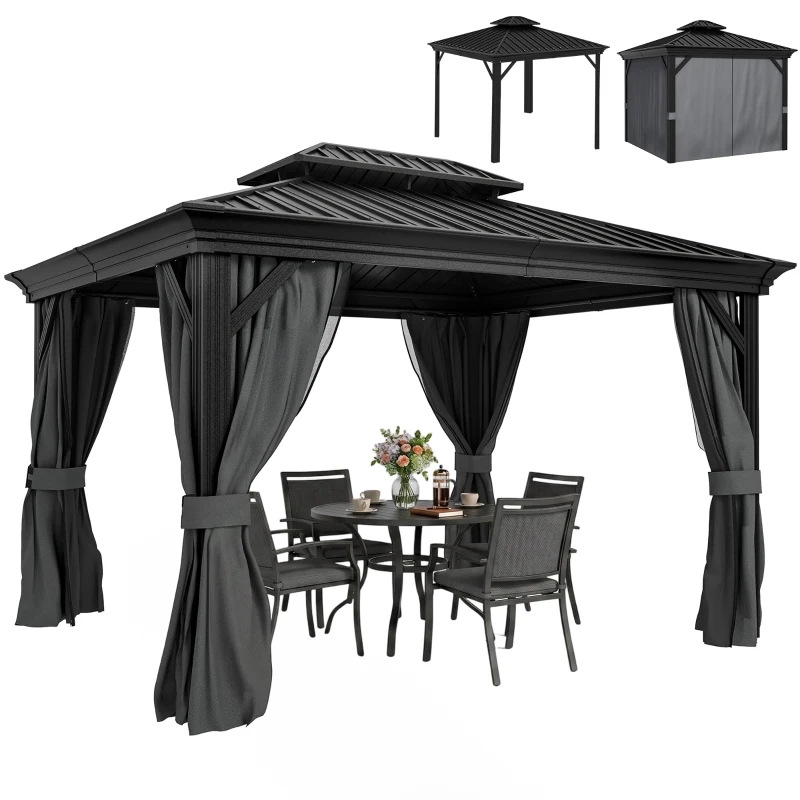 Outsunny 10' x 12' Hardtop Gazebo Permanent Pavilion w/ Double Roof Aluminum Frame Sidewalls for Patio Garden Deck, Dark Gray