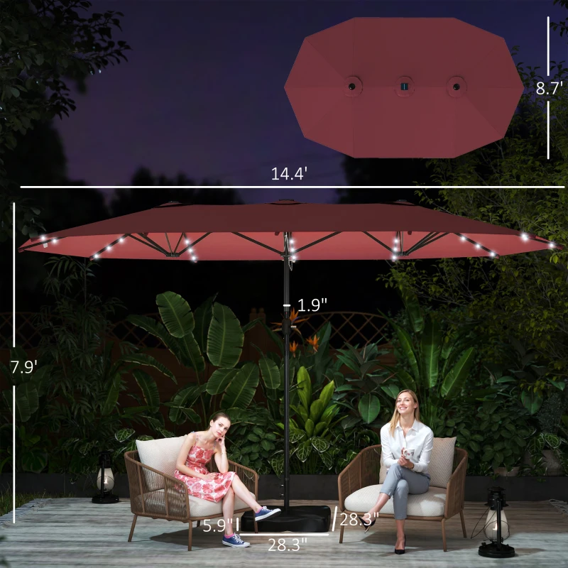 Outsunny Garden Parasol 14.4ft Double-Sided Sun Umbrella with Base, Patio Parasol with LED Solar Lights, Wine Red