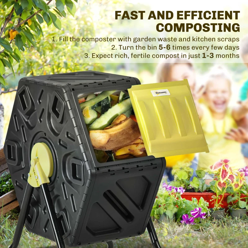 Outsunny Rotating Composter, Compost Bin with 24 Vents and Steel Legs, 17 Gallon, Yellow