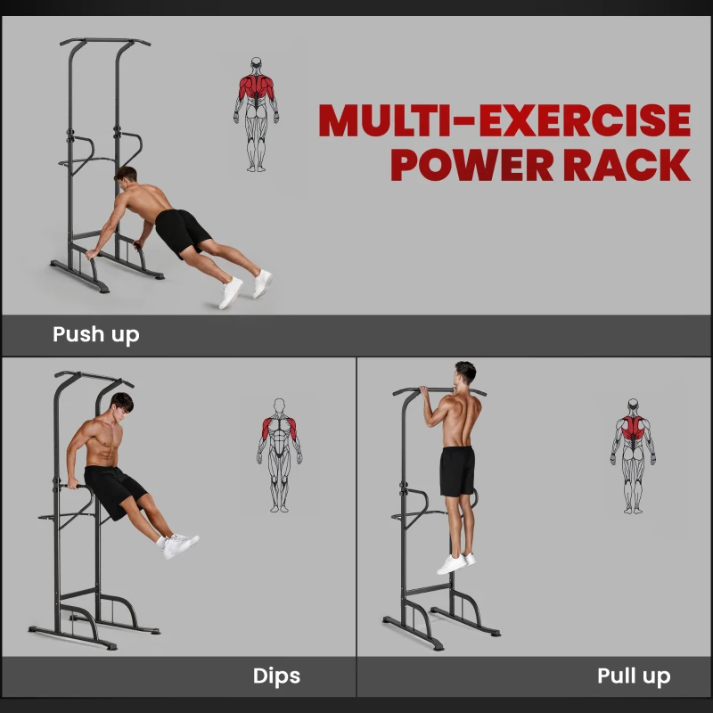 Soozier Power Tower Dip Station Pull Up Bar, Multi-Function Push Up Equipment with Adjustable Height for Home Gym Strength Training Workout Fitness, Black