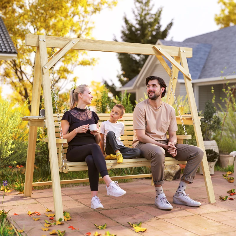 Outsunny 3 Seat Wooden Porch Swing with Stand, Patio Swing with Side Tables, for Garden, Poolside, Backyard, Natural Wood