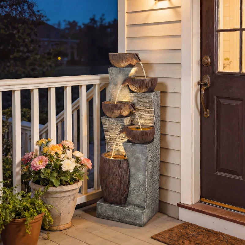 Outsunny Outdoor Water Fountain with 5-Tier Crock Design, 51.2" Tall Cascading Waterfall Garden Fountain with LED Lights