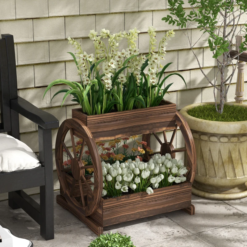 Outsunny 2-Tier Raised Garden Bed, Wooden Wagon Planter Boxes with Drainage Holes, for Vegetables Flowers Herbs, Carbonized