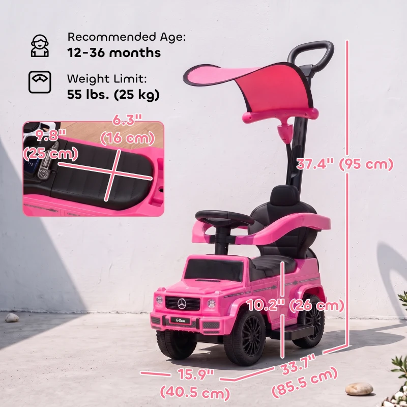 Aosom Mercedes-Benz G350 Licensed Push Car, 3-in-1 Toddler Sliding Car with Horn, Steering, Foot Rest, Seat Storage, Pink