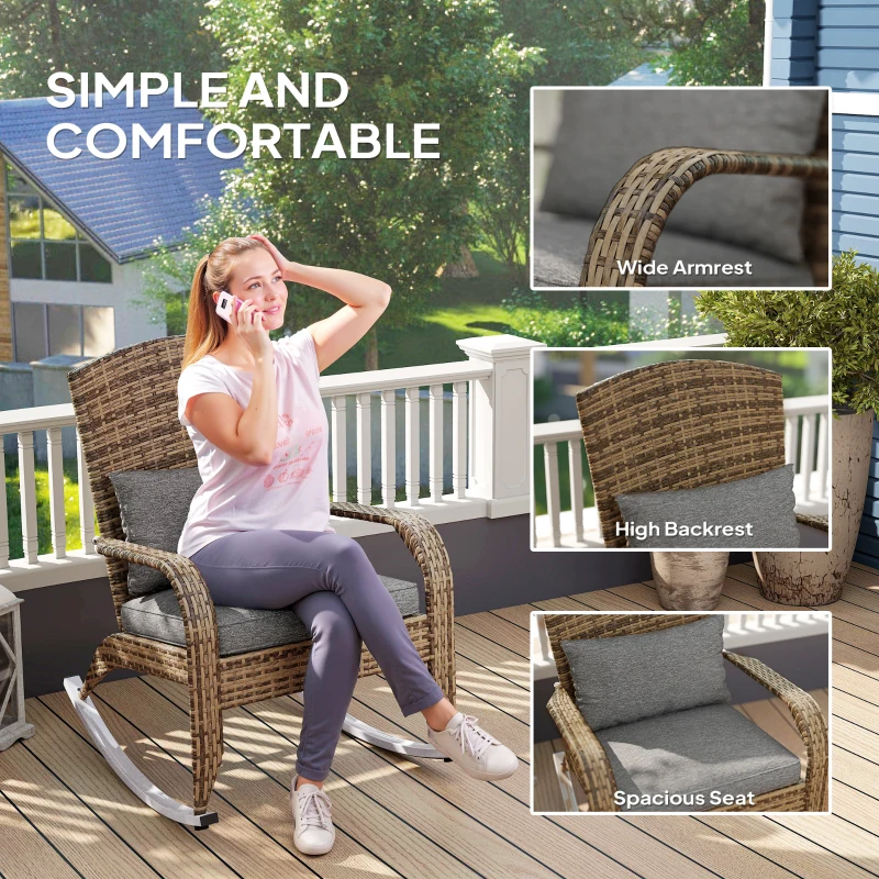 Outsunny Adirondack Chair, Outdoor Wicker Rocking Chair with High Back, Seat Cushion, and Pillow for Porch, Balcony, Gray