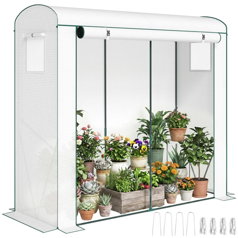 Outsunny Mini Greenhouse, Portable Greenhouse with Roll-Up Door and 2 Mesh Windows, PE Cover, 78.7" x 29.5" x 74", White