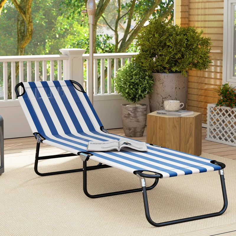 Outsunny Portable Folding Adjustable Sun Beach Lounger / Camping Cot - Blue and White