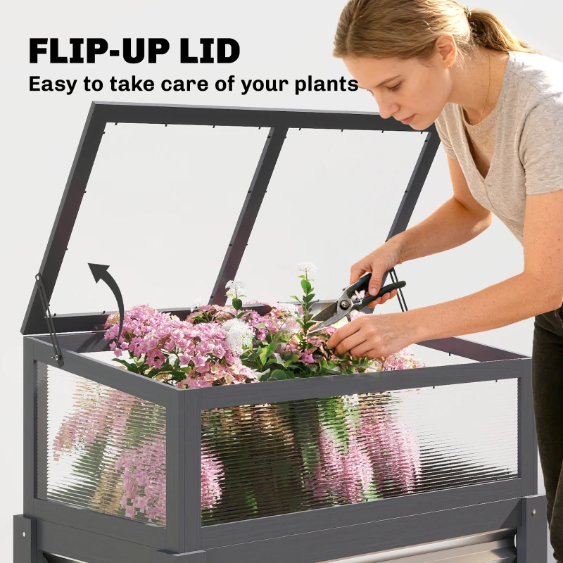 Outsunny Raised Garden Bed with Flip-Up Greenhouse Top, Wooden Elevated Planter Box with Legs and Liner, Grey