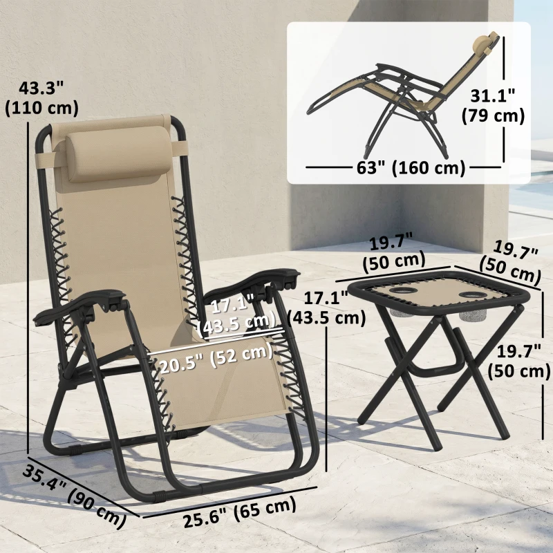 Outsunny Zero Gravity Chair Set of 2 Patio Chair with Side Table Cupholders and Pillows for Pool, Backyard, Lawn, Beige