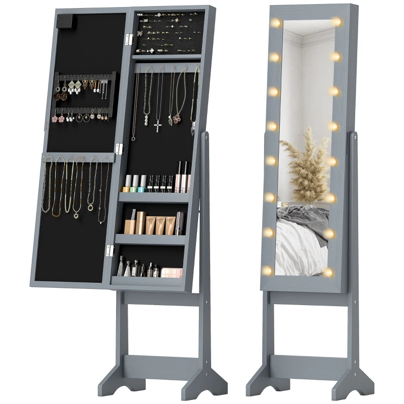 HOMCOM Free Standing Armoire Organizer, Lighted Mirrored Jewelry Cabinet w/ Angle Adjustable & 16 LED Lights, Grey