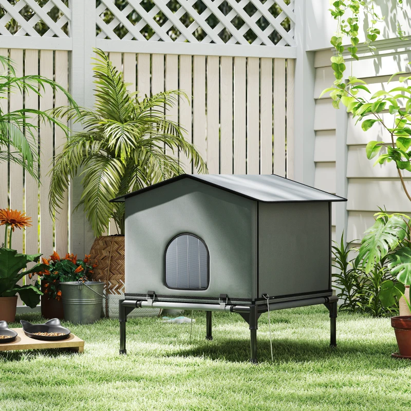 PawHut Outdoor Cat House, Waterproof Insulated Cat Kennel with Elevated Base, Foldable Feral Kitty Shelter for Kittens, Grey
