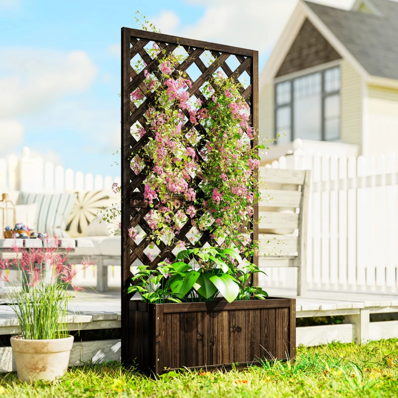 Outsunny Wooden Raised Garden Bed Planting Planter Box with Trellis and Drain Holes for Climbing Vine Plants, Brown