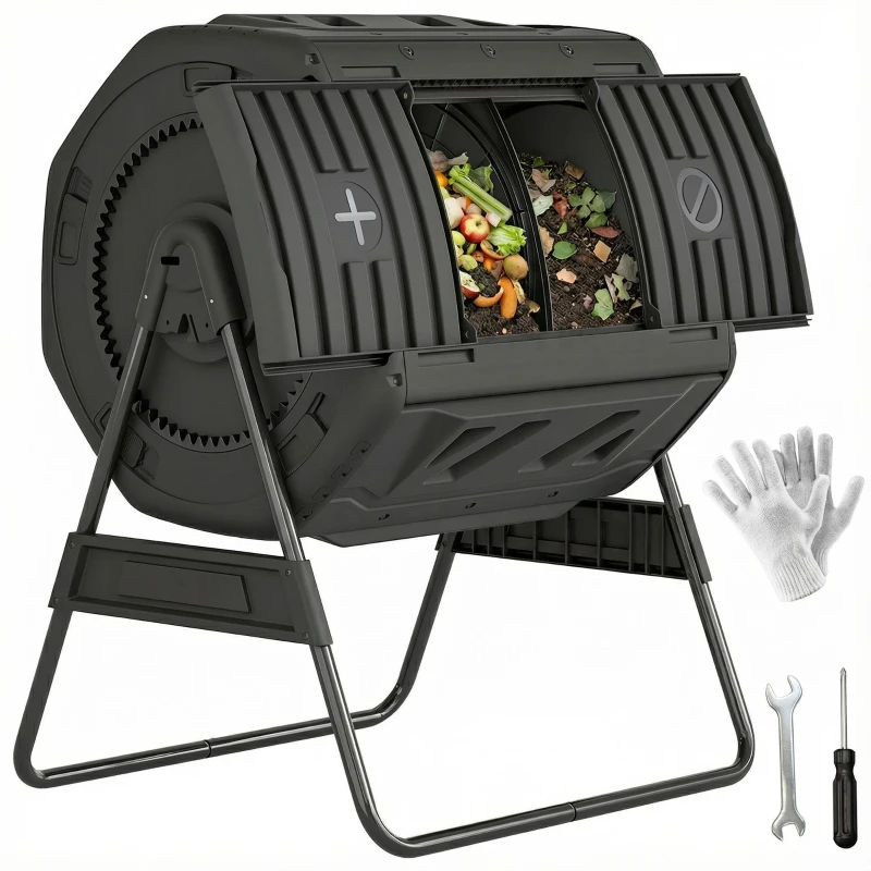 Outsunny Compost Bin Outdoor, 53 Gal Dual Chamber Tumbling Composter with Adjustable Vents, BPA Free Tumbling Composter, Black