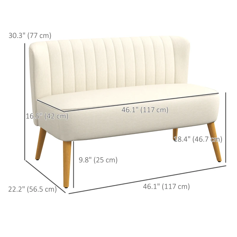 HOMCOM Modern 2 Seat Sofa for Bedroom, Upholstered Two Seater Couch with Rubber Wood Legs, Cream White