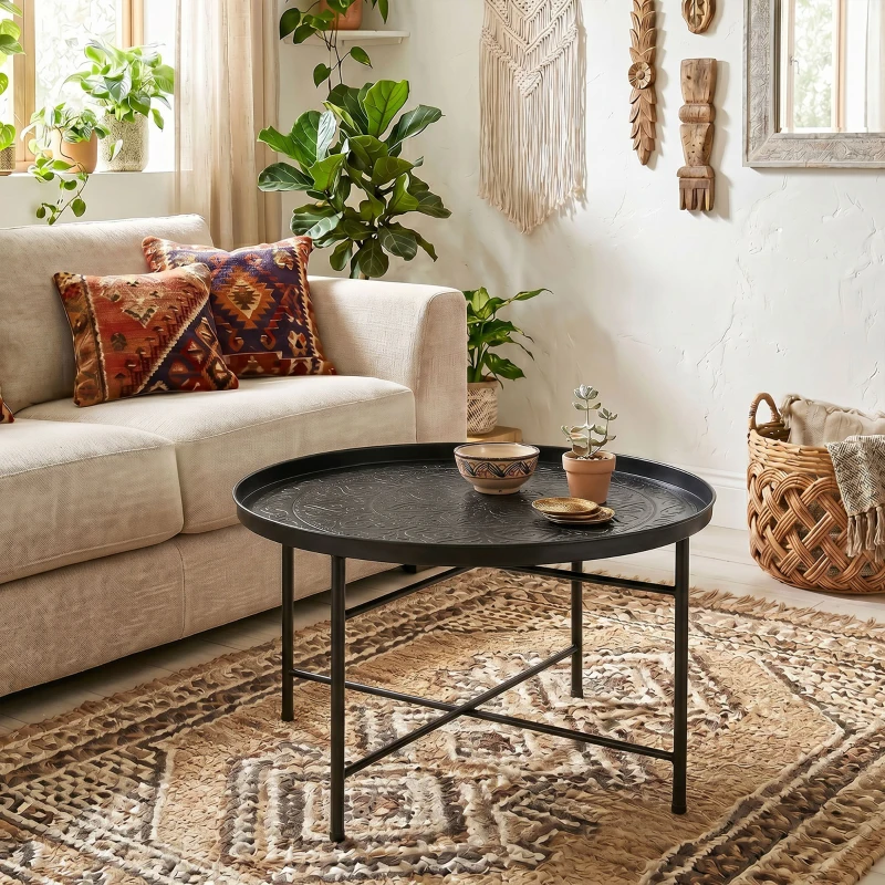 HOMCOM Coffee Table for Living Room, 24" Round Center Table with Hammered Tray Top and Metal Frame for Bedroom, Black