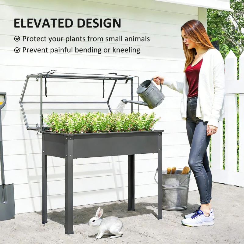Outsunny Elevated Garden Box with Greenhouse Cover, Raised Garden Bed with Legs and Drainage Hole for Vegetables, Dark Gray