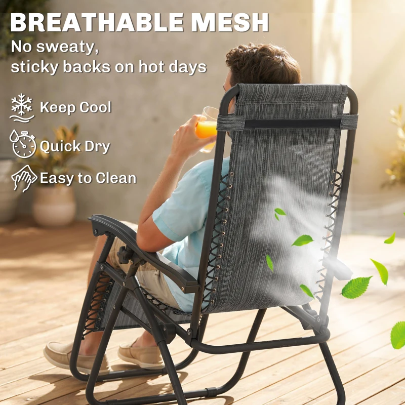 Outsunny Zero Gravity Chair Set of 2 Patio Chair with Side Table Cupholders and Pillows for Pool, Backyard, Lawn, Dark Grey