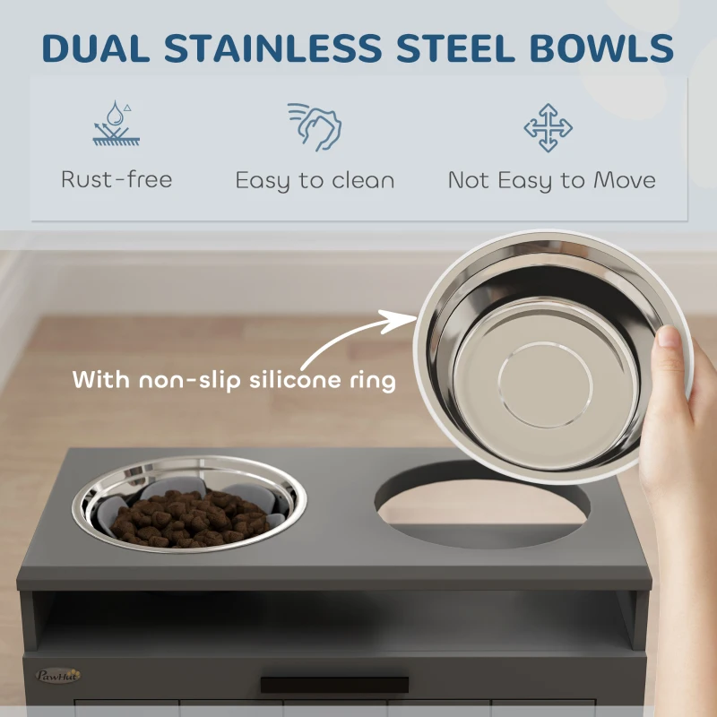 PawHut Elevated Dog Bowls, Large Breed Raised Dogs Bowl Stand with 2 Stainless Steel Bowls, Storage Drawer and Slow Feeder Mat