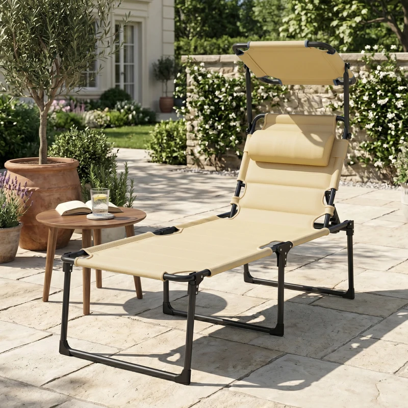 Outsunny Outdoor Lounge Chair, 4 Position Adjustable Backrest, Folding, Cushioned w/ Sun Shade Roof & Pillow, Cream White