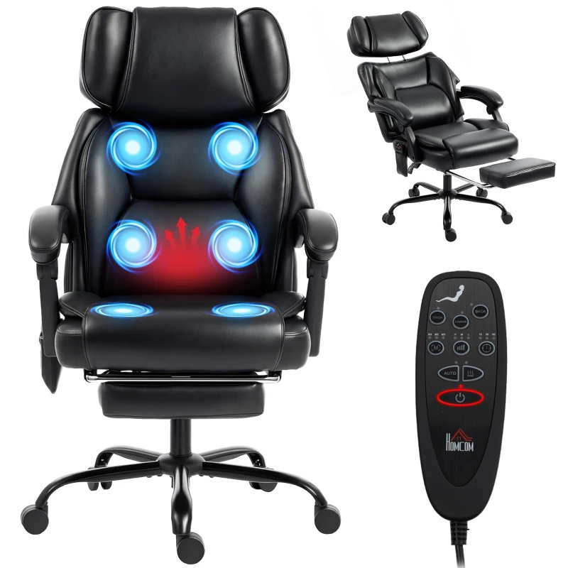 HOMCOM High Back Vibration Massage Office Chair Heated Reclining Computer Chair w/ Footrest, Swivel Wheels, Remote, Black