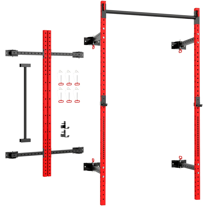 Soozier Folding Squat Rack with Pull Up Bar, Wall Mounted and Adjustable, 1000 Pounds Capacity Power Rack, Red