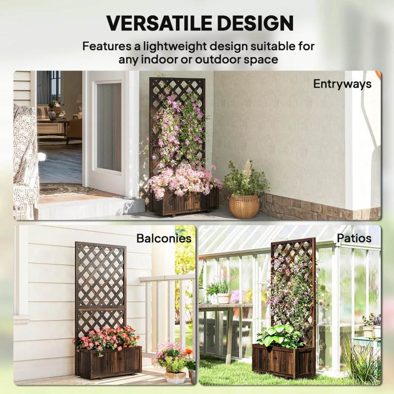 Outsunny Wooden Raised Garden Bed Planting Planter Box with Trellis and Drain Holes for Climbing Vine Plants, Brown